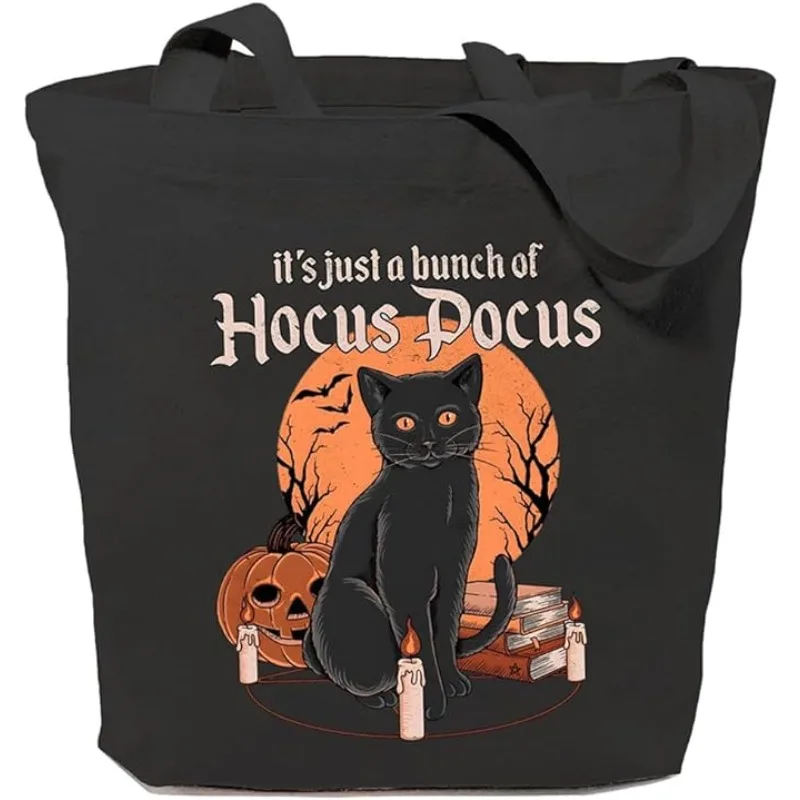 It\'s Just A Bunch of Hocus Pocus Halloween Canvas Tote Bag for Women Halloween Black Cat Graphic Halloween Decoration Party Gift