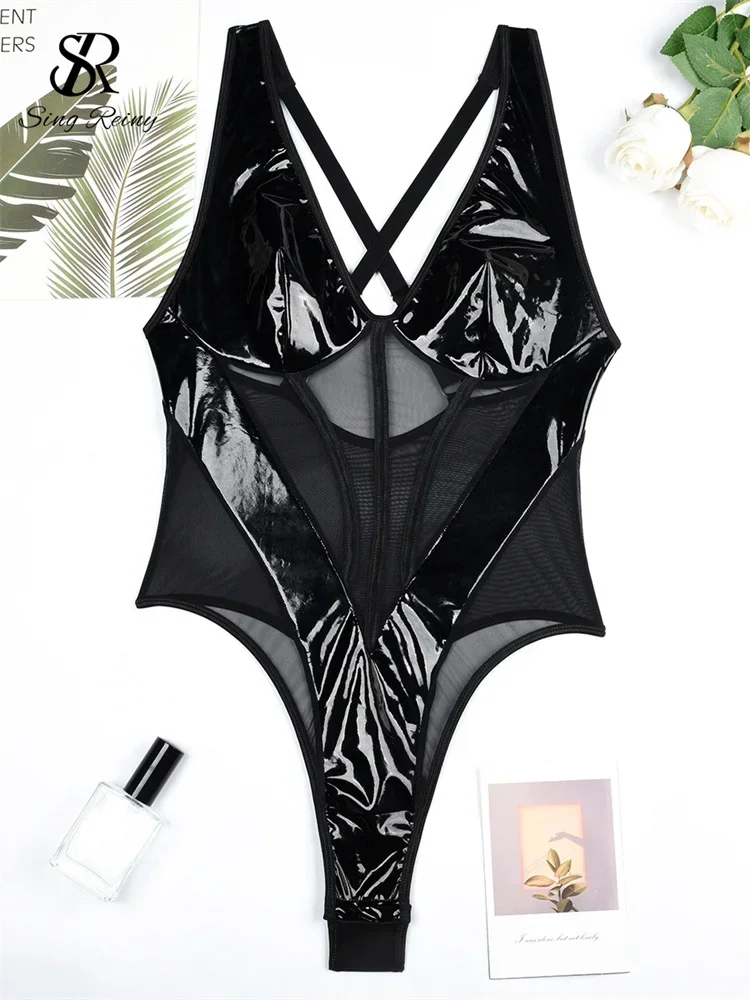 Singiny americano couro do plutônio pornô bodysuit senhoras sólido sexy macacão moda decote em v sem mangas retalhos sheer sensual playsuits