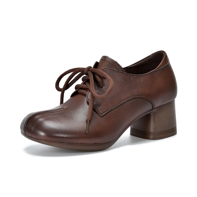 

5cm Cow Natural Genuine Leather Comfy Spring Lace Up Chunky Heels Retro Lace Up Women Loafer Autumn Fashion Pumps