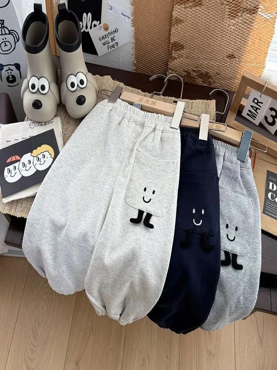 Calças Esportivas Cinzas para Meninos, Calças de Moletom Fofas para Crianças, Calças Longas Soltas para Primavera e Outono, R...