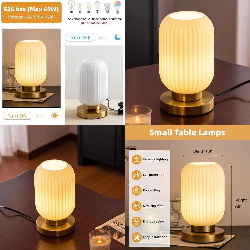 

Glass Shade Nightlight Lamp - Small Elegant White Desk Lamp for Bedroom or Living Room, Plug-in Style