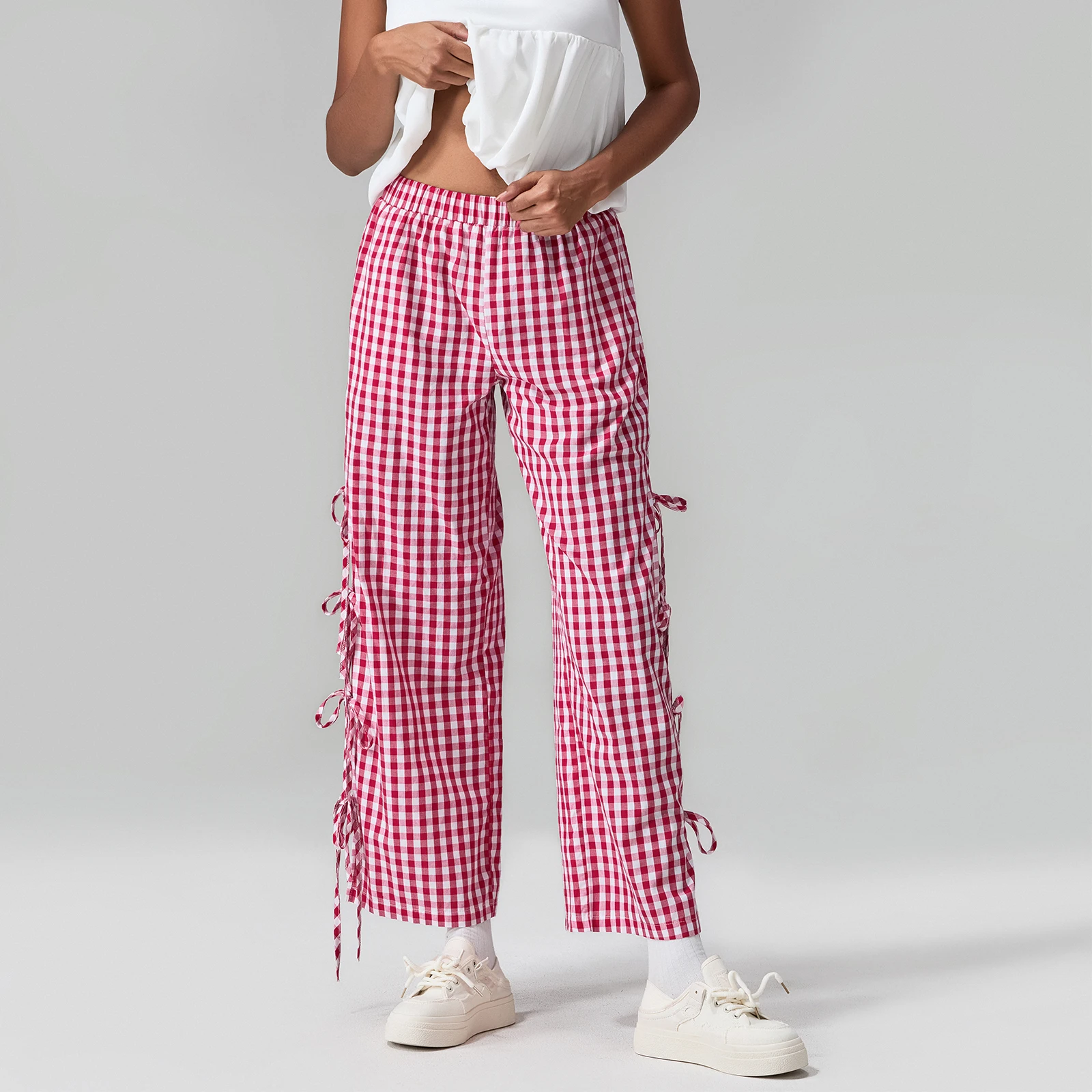 Women's Side Slit Bow Tied Loose Long Pants Summer Fall Streetwear Lounge Bottoms Plaids Elastic Band Straight Leg Trousers