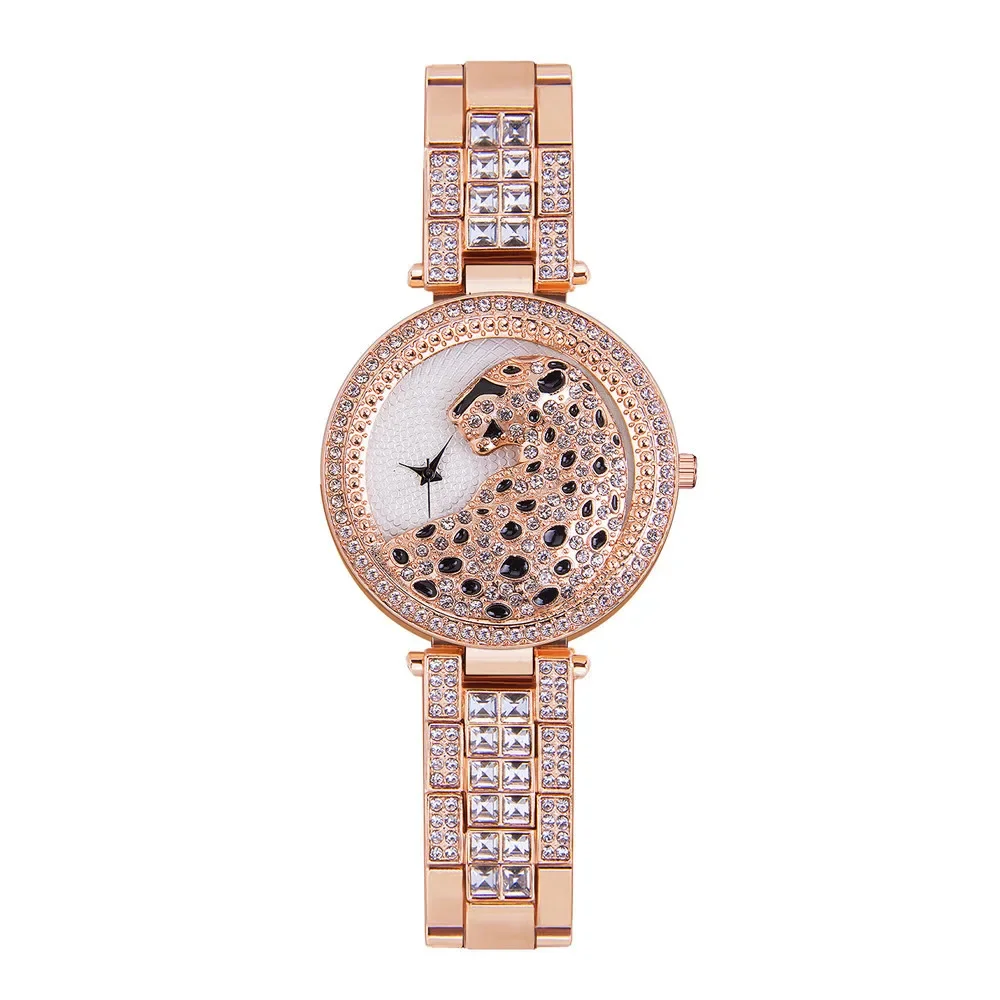 Personalized Women Watch Luxury Full Rhinestones Quartz Watch 3D Leopard Dial Steel Band Bracelet Wristwatch Female Reloj Mujer