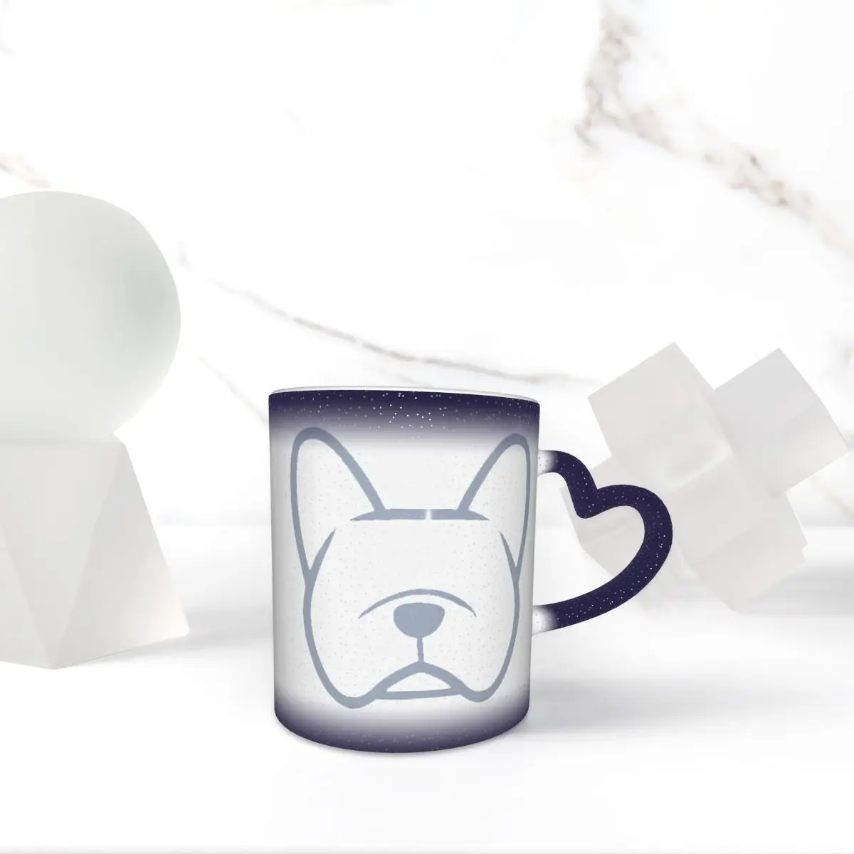 Silueta de cara de Bulldog Francés en gris claro en azul marino, tazas de café de cerámica, tazas de té, taza de leche, artículos para beber, regalo para mujer y hombre