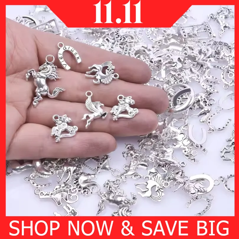 

30/50/100pcs Mix Horseshoe Charms Pony Pendant Alloy Horse Head Antique Silver Color Accessories diy Jewelry Making Material
