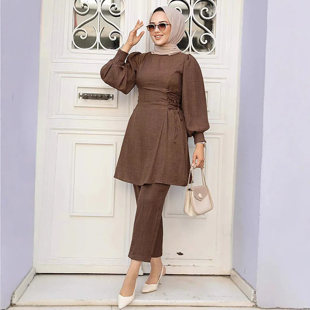 Muslim Fashion Sets Middle East Arabic Women Solid Color Top and Pant Set Muslim Modest Adjustable Long Sleeves Casual Suit