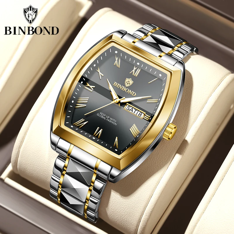 BINBOND Top Brand Quartz Watch For Men Luxury Business Elegant Stainless Steel Tonneau Dial Waterproof Luminous Men Wristwatch