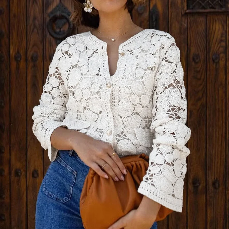 Camicia da donna monopetto sottile per il tempo libero Temperamento Cardigan scavato in pizzo tinta unita Top da pendolare a maniche lunghe da donna elegante