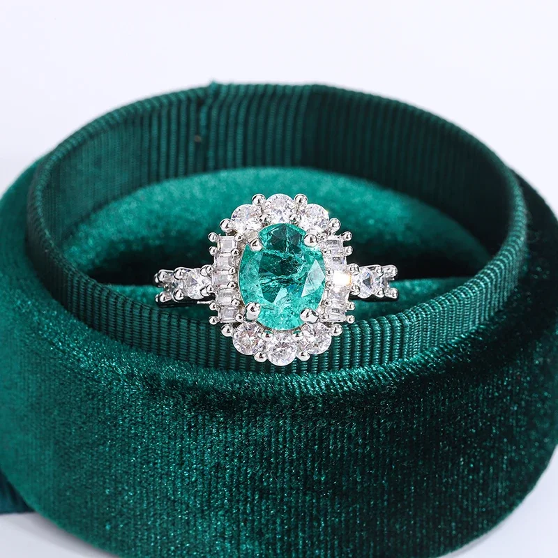 Exquisite Paraiba Green High Carbon Diamond 925 Silver Plated Ring for Women Double Crystal Anniversary Gift Party Jewelry