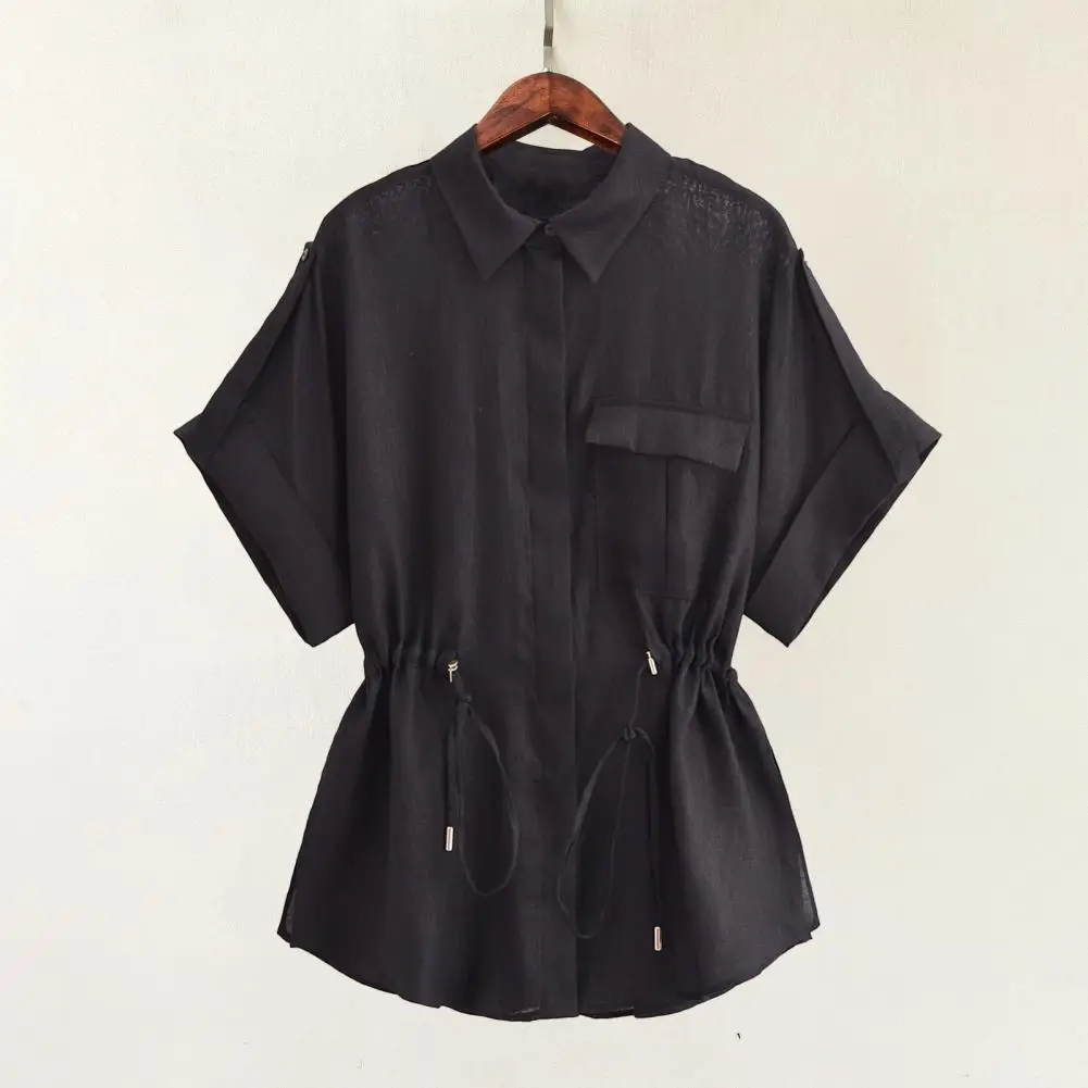 Flap Pockets Shirt Stylish Women's Lapel Shirt with Drawstring Waist Flap Pockets Casual Loose Fit Top for Daily Wear Soft