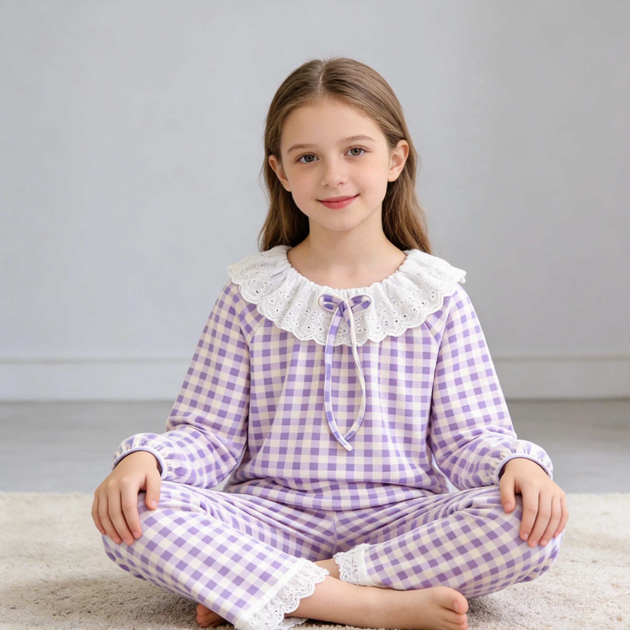 

Комплект пижам для девочек, пижама для малышек с длинным рукавом, кружевным воротником и воротником-стойкой, парные комплекты для мамы и дочки, домашняя одежда для детей 8-10 лет