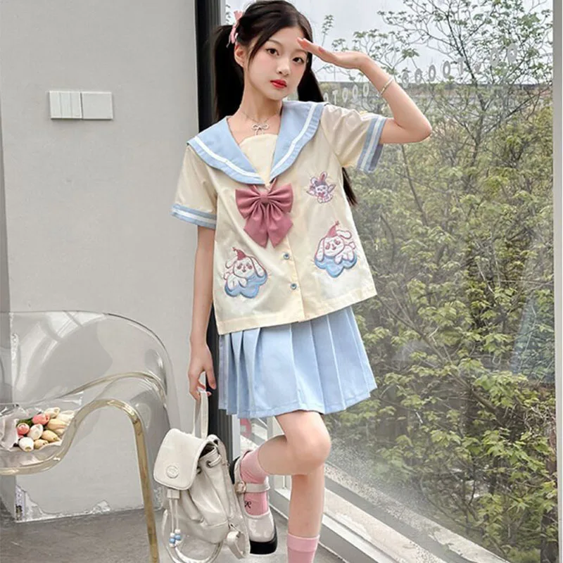 Anime Sanrios Fashion Skirt Set Cinnamoroll Kids Short-Sleeved Jk Pleated Skirt Preppy Uniform Set Summer Korean Child Clothes