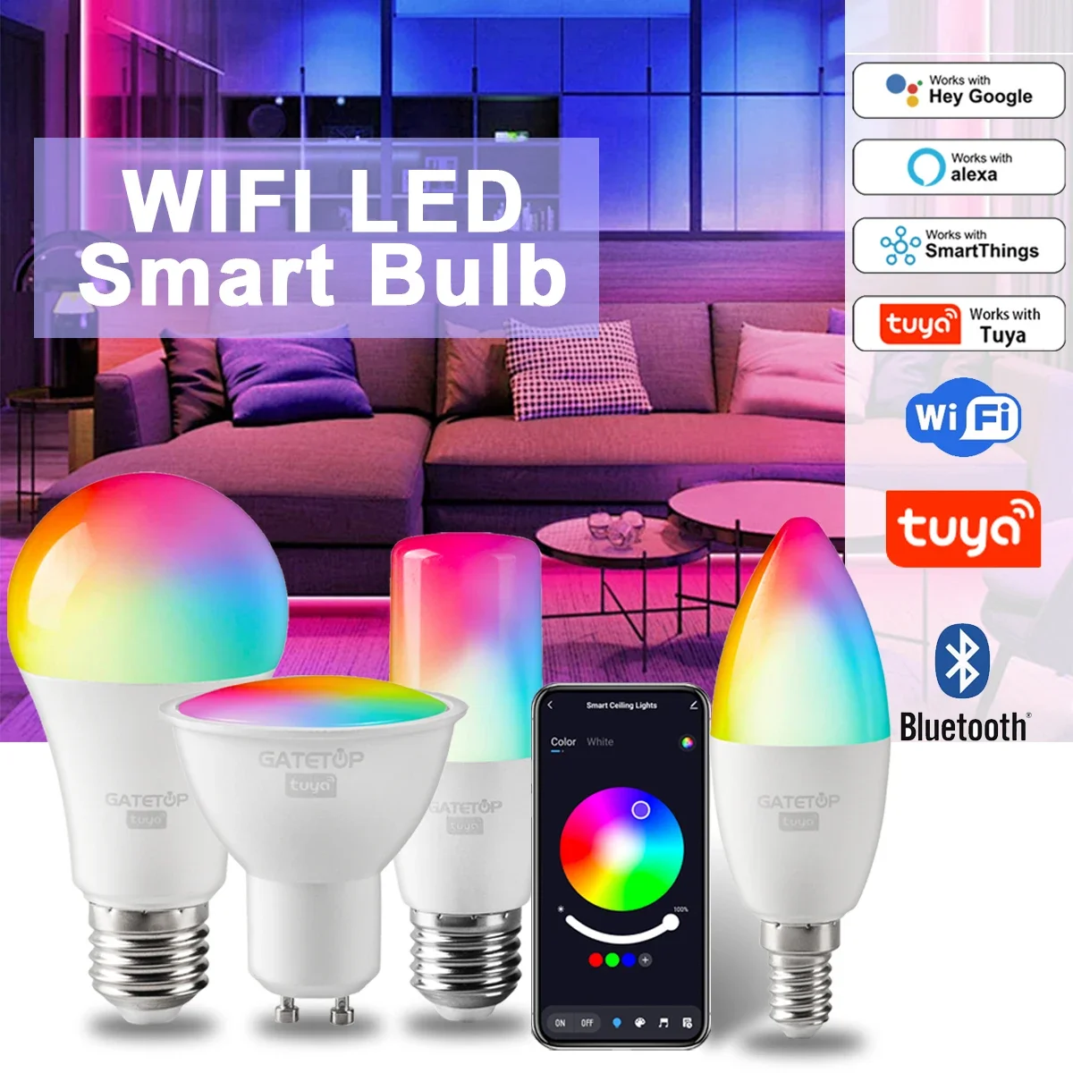 Ściemnialna inteligentna żarówka Tuya Rgb Gu10 C37 A60 T37 E14 E27 B22 Światło Wifi Led Magiczna lampa AC85V-265V Praca z Alexa Google Home