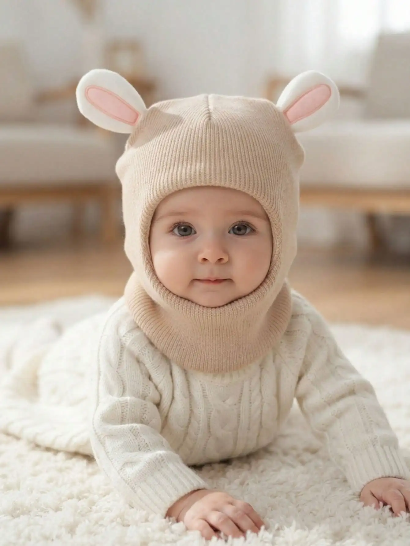 1 Stück 6M-4Y Kleine Mädchen 3D-Kaninchen-Balaclava-Strickmütze, Niedliche Kaninchenohren Weiche Leichte Kinderkopfbedeckung für den Alltag – Detail 8