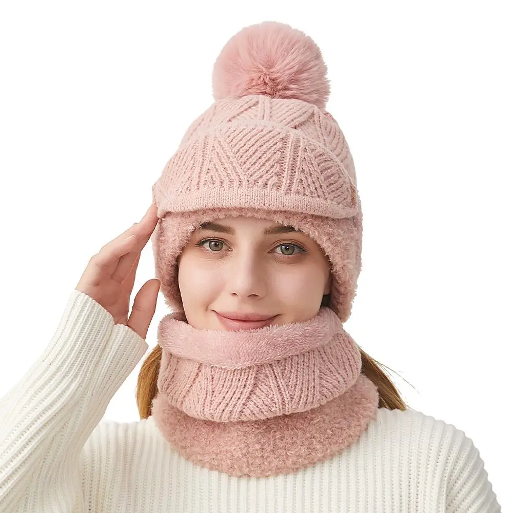 3 in-1 Knitted Beanies with Integrated Neck Gaiter and Mask Slouchy Knit Hat with Pompom Cycling Skiing Windproof