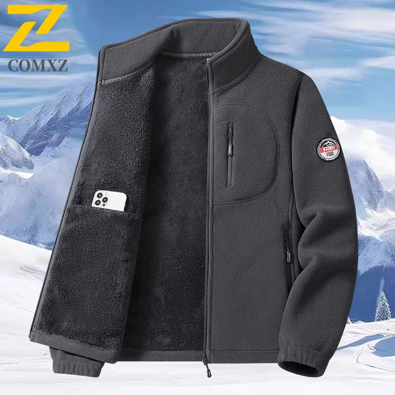 

2025 New Standing Collar Men's Jacket Fleece Windproof Warm Fleece Standing Collar Jacket Outdoor Leisure Skiing Camping Jacket