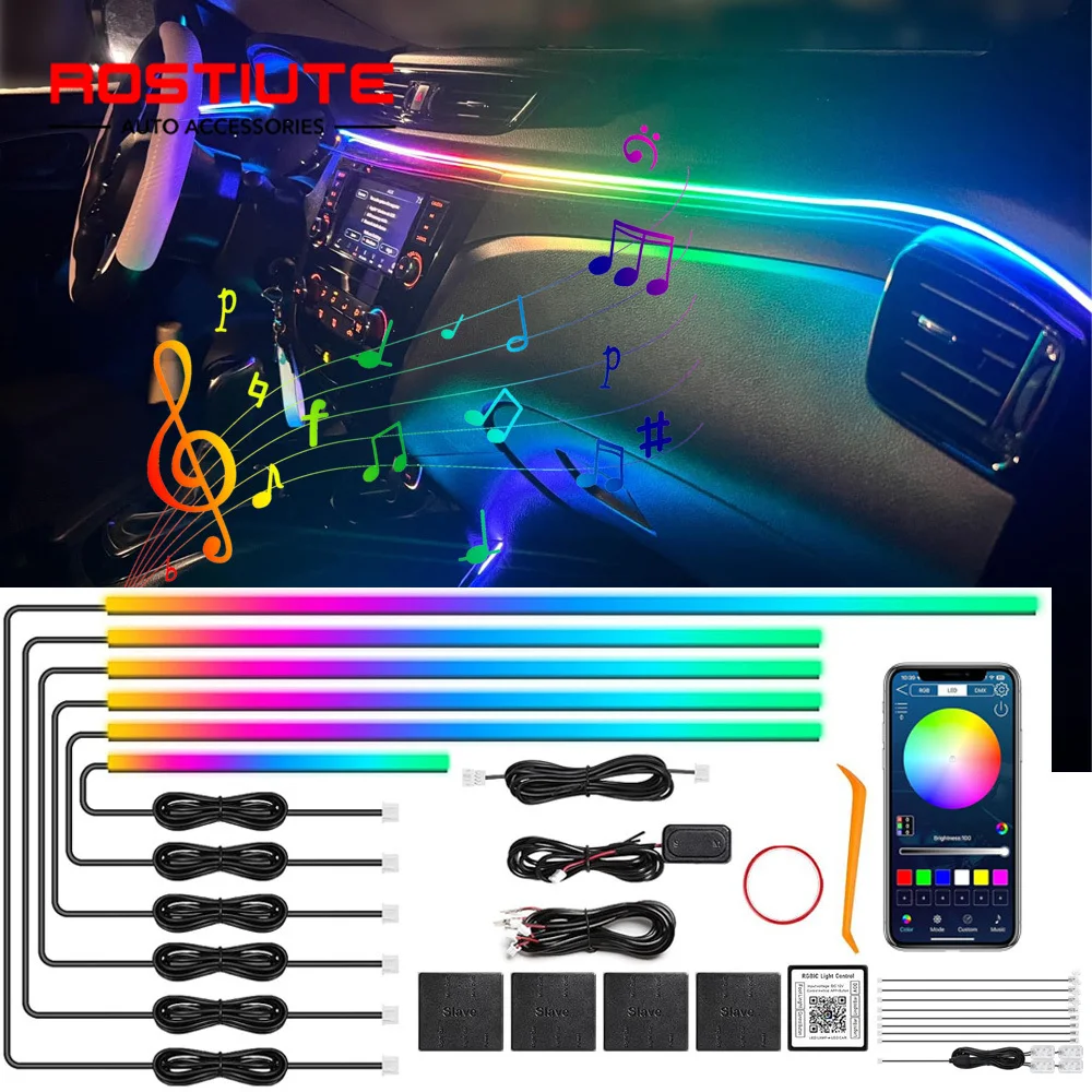 

Acrylic Car Interior Lighting Kit Dynamic RGB Automotive LED Ambient Lights Strip Neon Atmosphere Strip Music Sync App Control