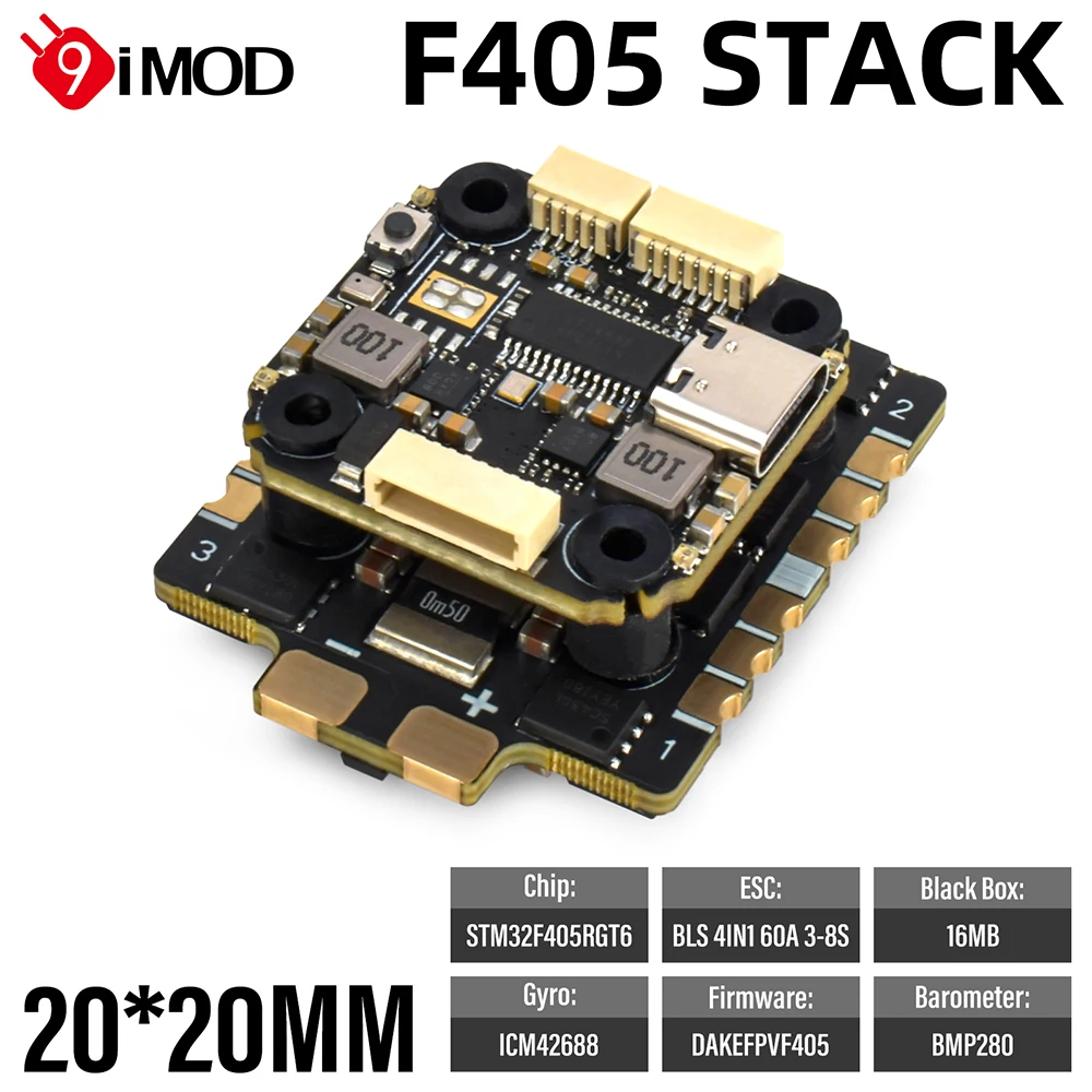 

9IMOD MINI F405 Flight Stack F405 FC 60A ESC 3-8S 20x20mm For RC 7-10inch FPV Racing Drone