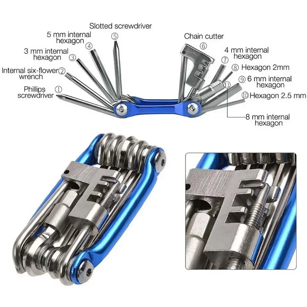 11 in 1 Multifunction Bicycle Repair Tool Kit - Mountain Bike Wrench Screwdriver Chain Hex Spoke Cycling Tool Set