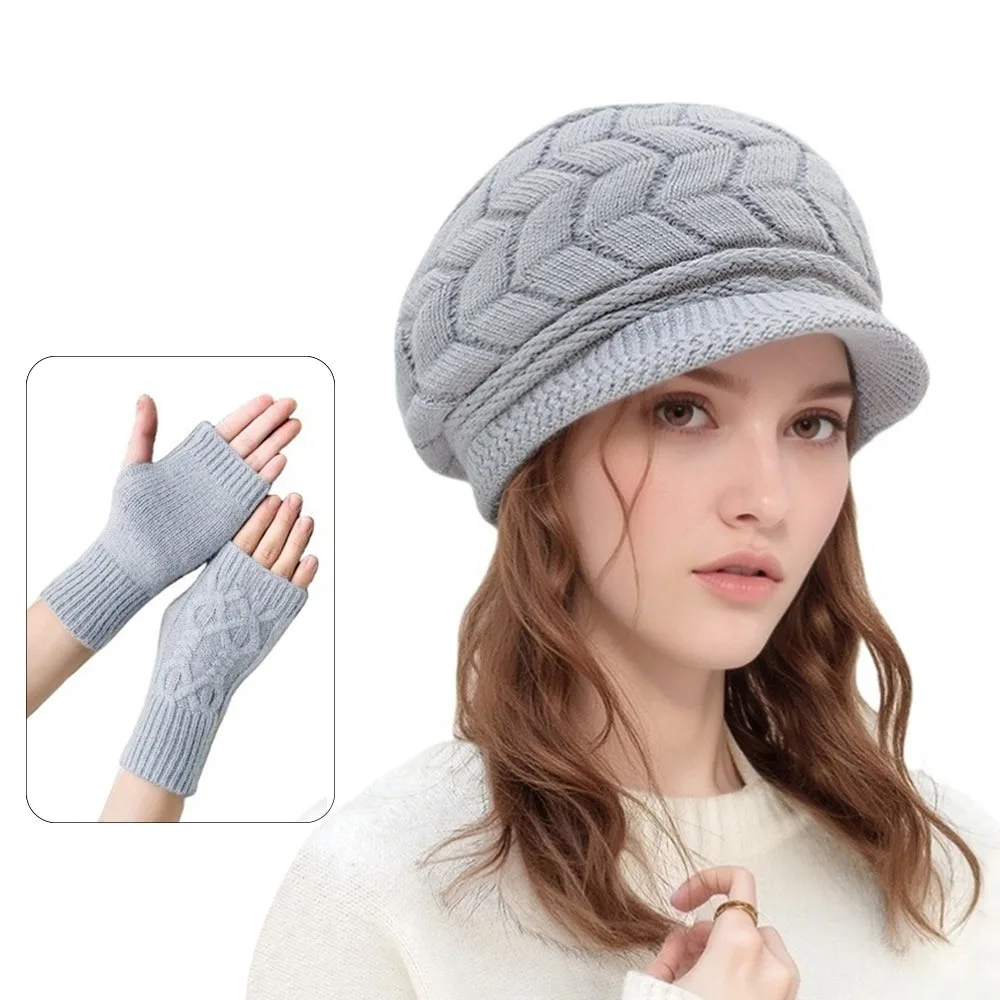 2PCS/Set Winter Fleece Women Hats Gloves Set Ear Protection Warm Knitted Hat Soft Windproof Winter Warm Mitten Outdoor