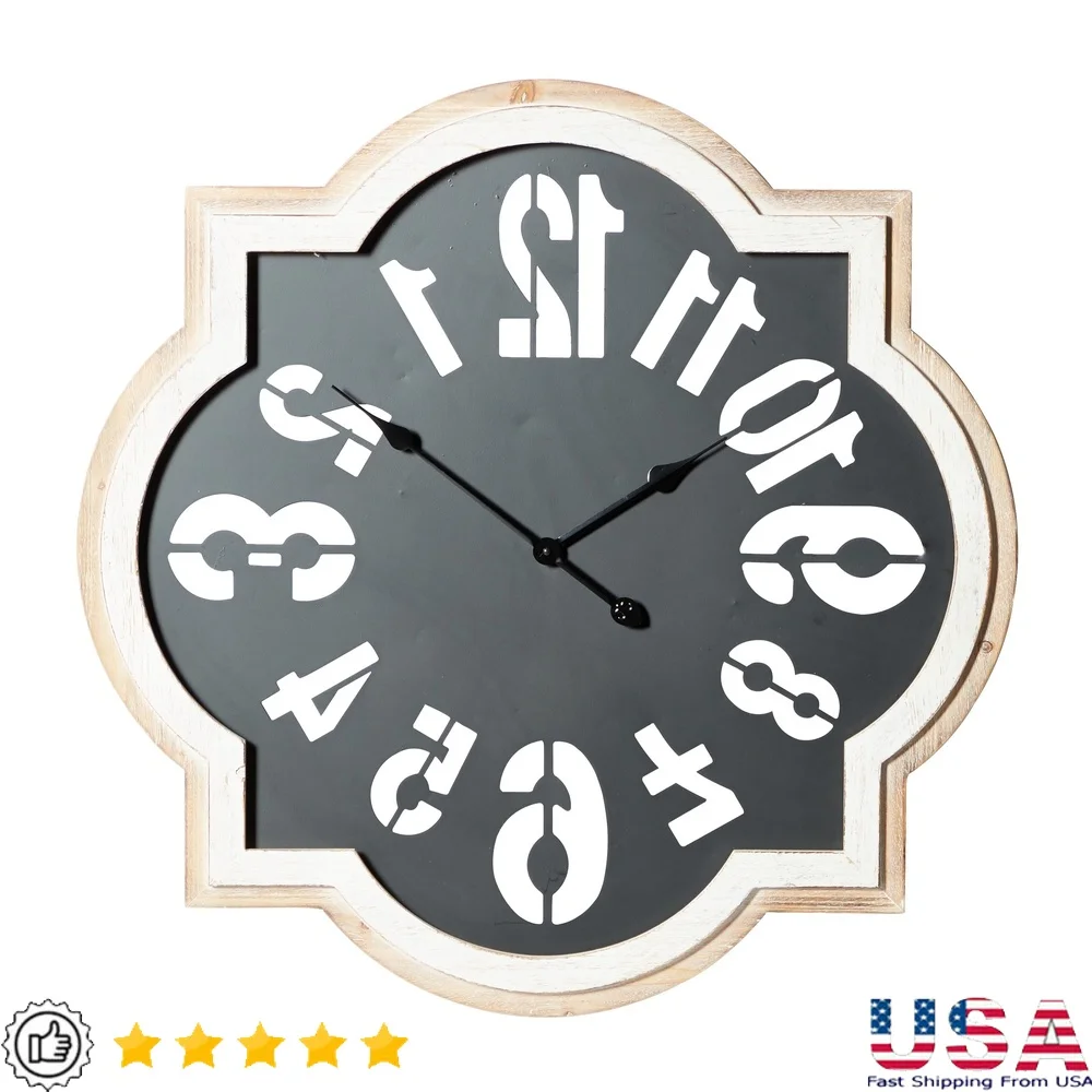 

Black Metal Quatrefoil Wall Clock Oversized Indoor Home Decor Silent Mechanism Durable MDF Elegant Design Rustic Charm