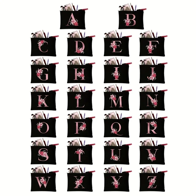 

Floral Print Monogram Cosmetic Bag - Black Polyester Travel Makeup Pouch with Zipper Closure, Perfect Bridesmaid Gift