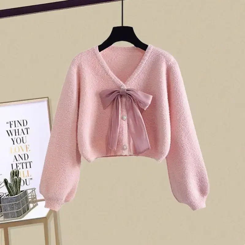 Spring Autumn Sweet Fashion Outfits Women\'s 2023 Korean Edition Elegant Bow Sweater Shirt High Waist Slim Jeans Three Piece Set