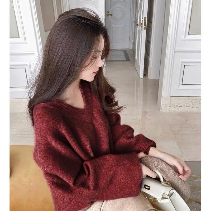 

Шерстяной женский свитер с V-образным вырезом, свободный, вязаный, повседневный, толстый, осенний, с высоким воротом, теплый, уютный, для многослойных образов, базовый, с длинным рукавом