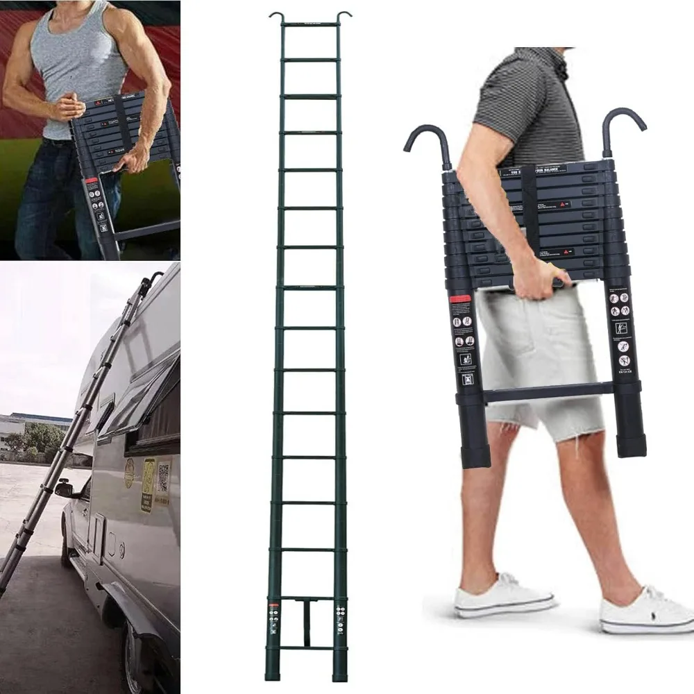 บันไดอลูมิเนียมแบบยืดหดได้ 20 ฟุต น้ำหนักเบาอเนกประสงค์ รับน้ำหนักได้ 330 ปอนด์ พร้อมตะขอเกี่ยวหลังคาแบบถอดได้ ได้รับการรับรองมาตรฐาน EN131 เหมาะสำหรับ