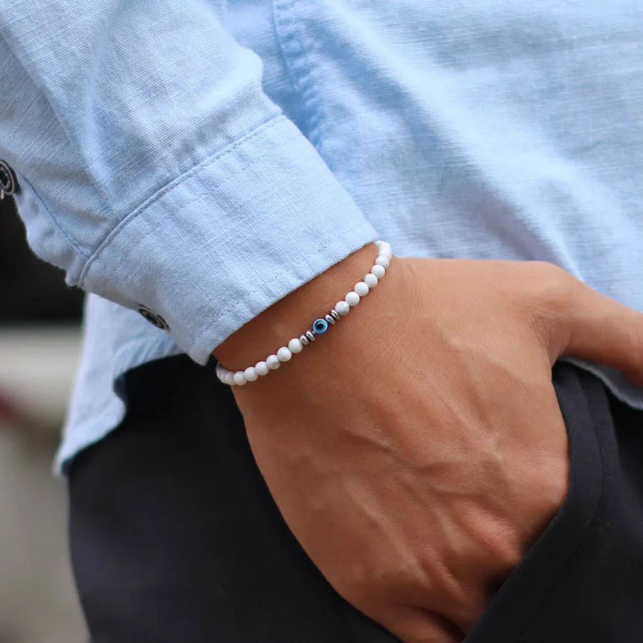 Stylish 4mm Stone Bracelet For Men Natural Tiger Eyes Map Strand Braslet Silver Color Hematite Healing Braclet Perfect Gift Men
