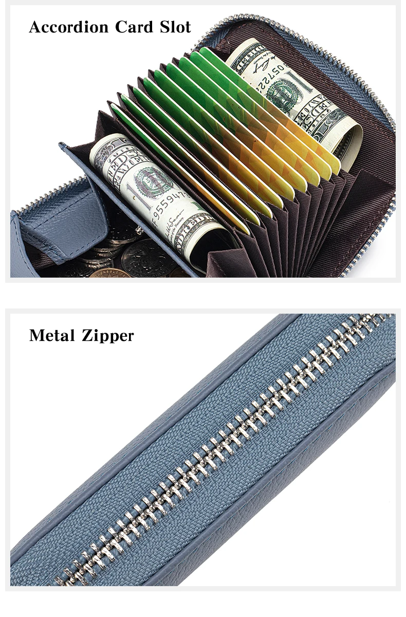 Genuine Leather Small Accordion Card Cases Holder For Women RFID Blocking Zipper Credit Card Wallet with Coin Pouch 2 Cash Slot