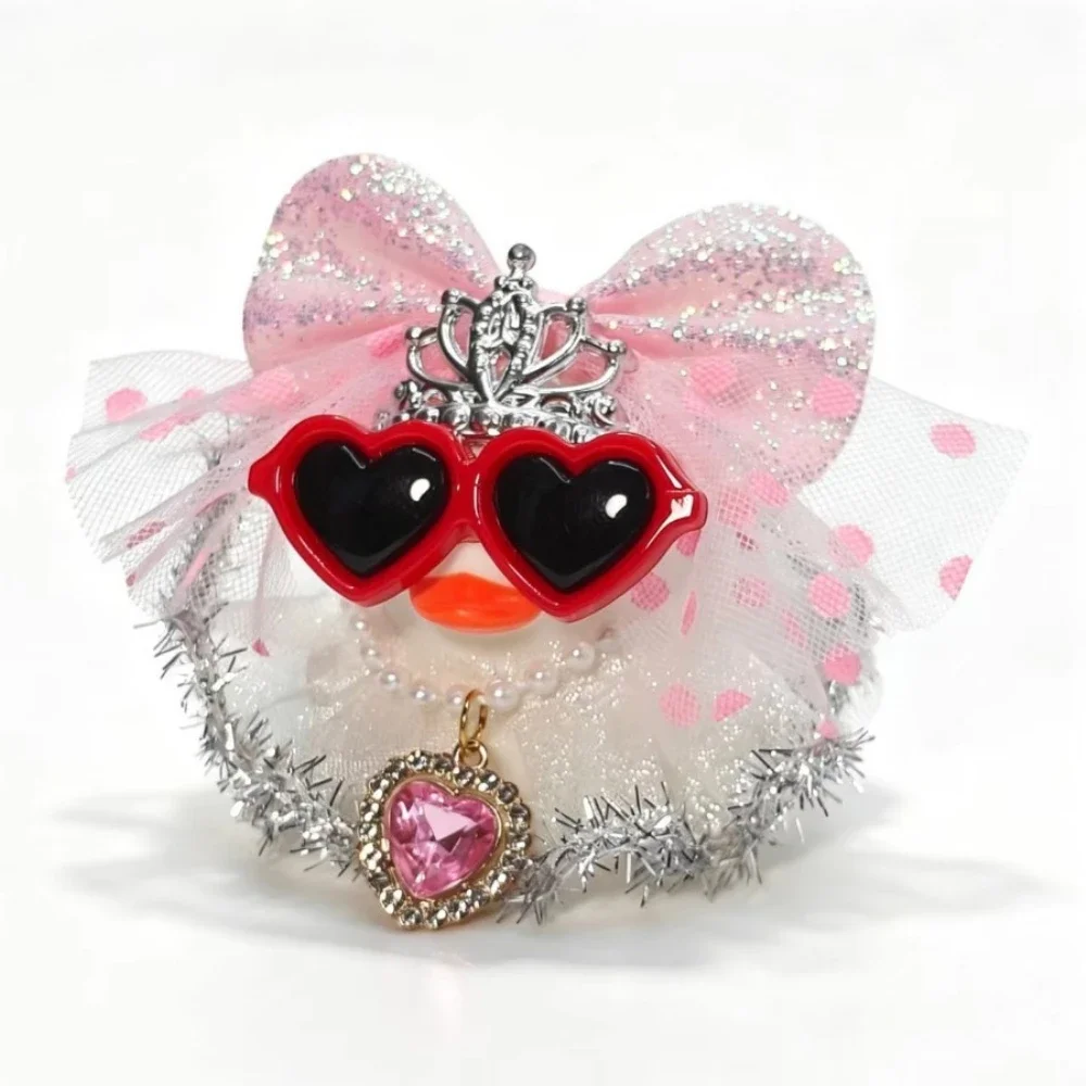 Pink Princess Rubber Duck with Glitter Dress Cute Car Duck for Jeep Ducking Car Dashboard Decoration with Pearl Necklace Crown