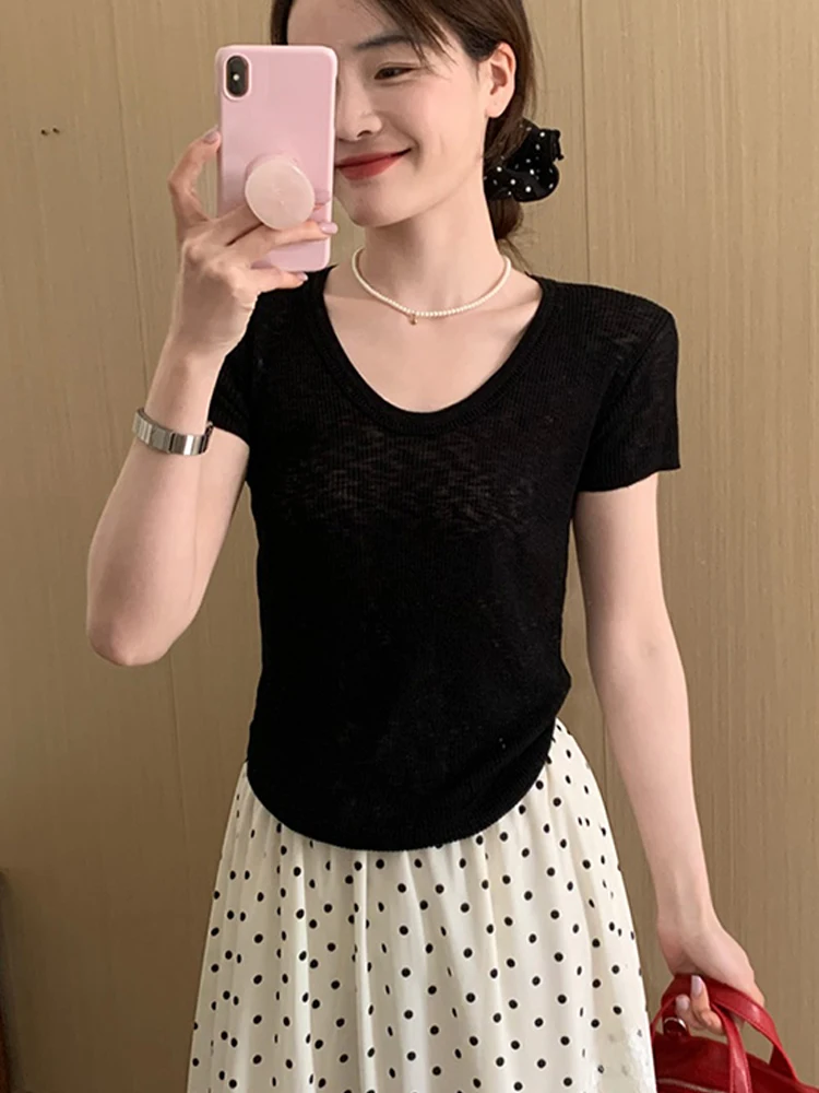 Slim Fit Ice Silk ort Sve T-shirt Gebreide Top Ademend Faion Design Dames Zomer irt Koreaanse Sle Pendelen Wind