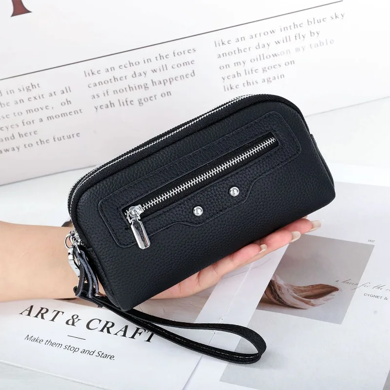 

Women's Cow Leather Triple Zipper Wristlet Clutch, Long Phone Purse with Detachable Wrist Strap, New Genuine Leather Long Wallet