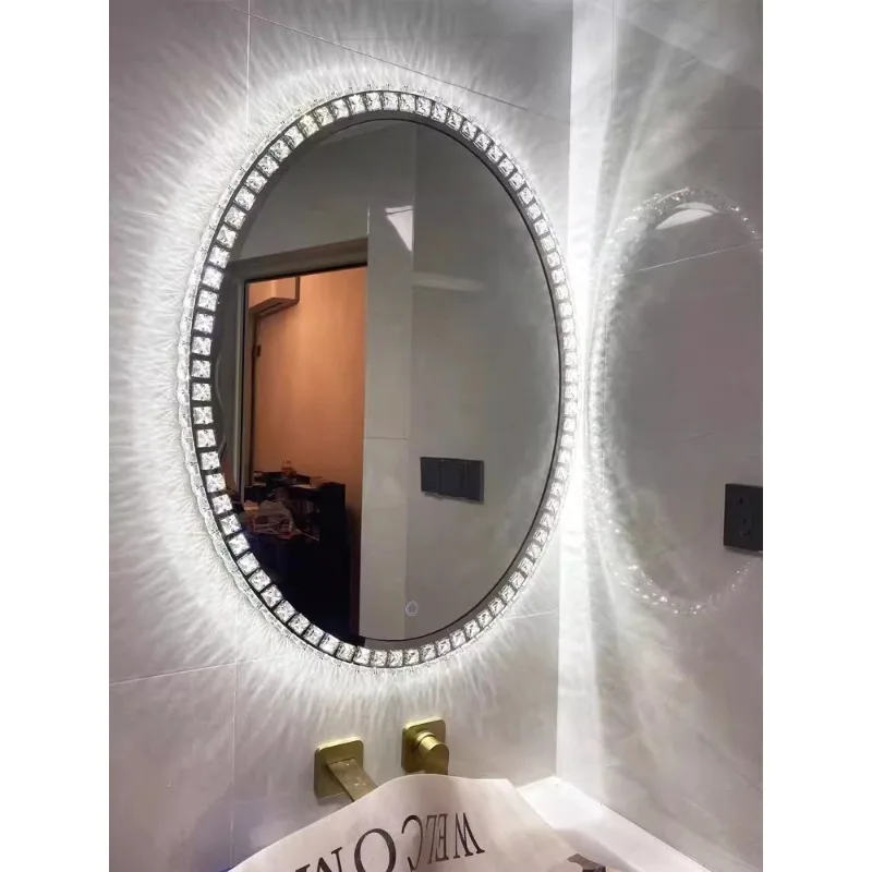 Elliptical LED crystal bathroom  anti fog with light bedroom dressing table wall mounted makeup mirror intelligent