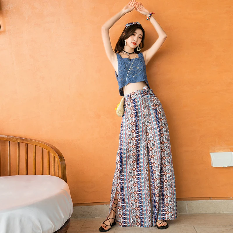 بنطلون واسع الساق للنساء بتصميم عرقي، ملابس نسائية من الشيفون، بنطلون شاطئ رقيق مطوي بشق جانبي، بنطلون صيفي كاجوال بخصر مرتفع