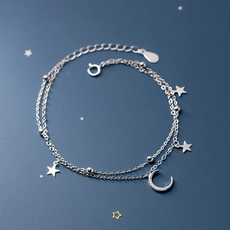 S925 Sterling Silver Double Layer Sweet Star Moon Bracelet Round Bead Tassel Handicraft Exquisite Birthday Gift Fashion Jewelry