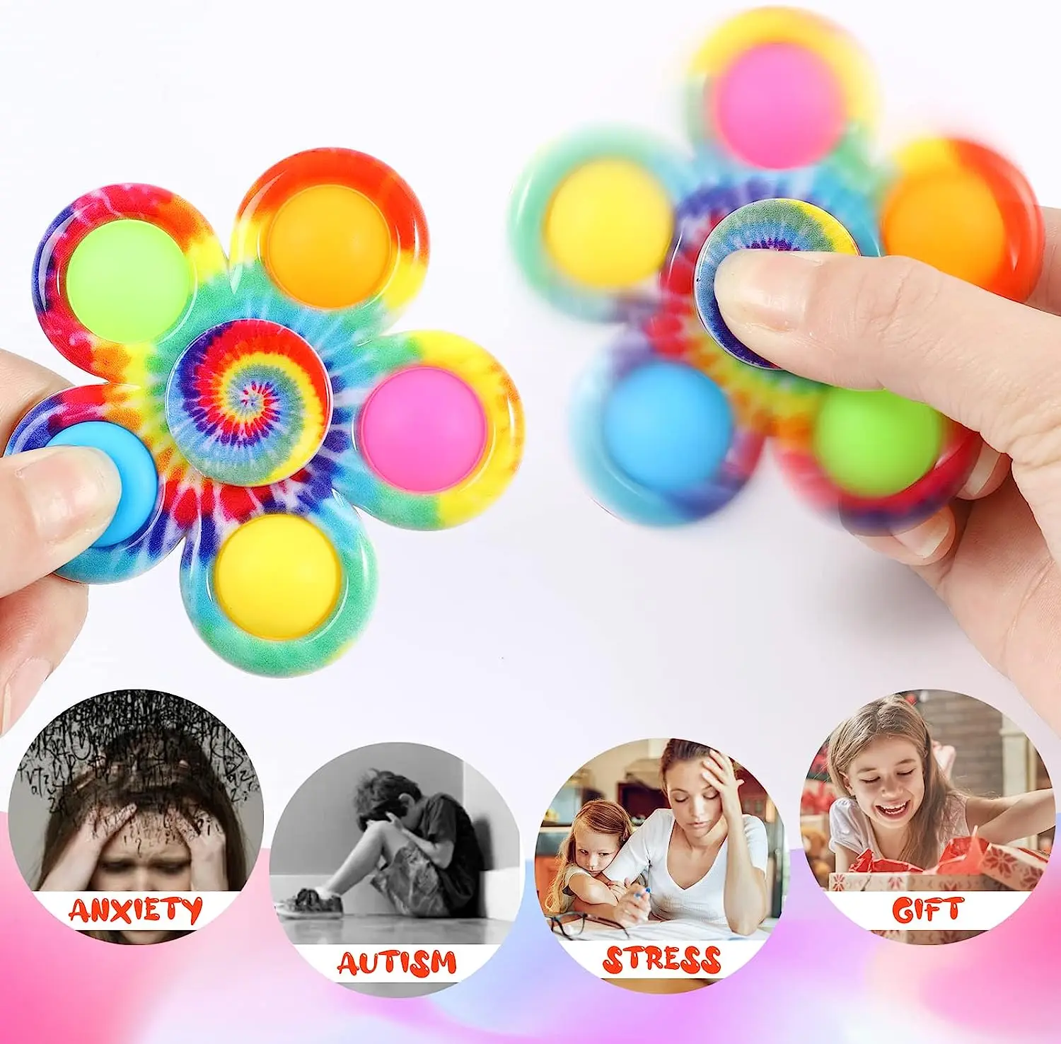 Tie Dye-Spinner Simple para niños, juguetes sensoriales para aliviar el estrés y la ansiedad, con burbujas de empuje