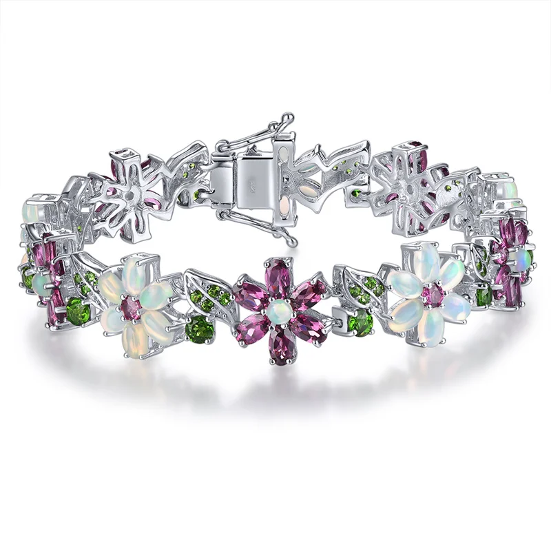 

Genuine 18 Carats Pure Silver 925 Original Bracelet Natural Opal Rhodolite Garnet Bracelet Multicolor Gemstone Birthstone Fine