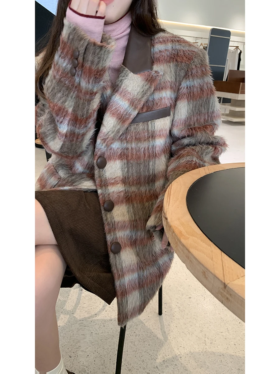 

Красное шерстяное пальто знаменитостей, женское осенне-зимнее клетчатое хлопковое межпок, трикотаж, модный художественный костюм для поездок на работу