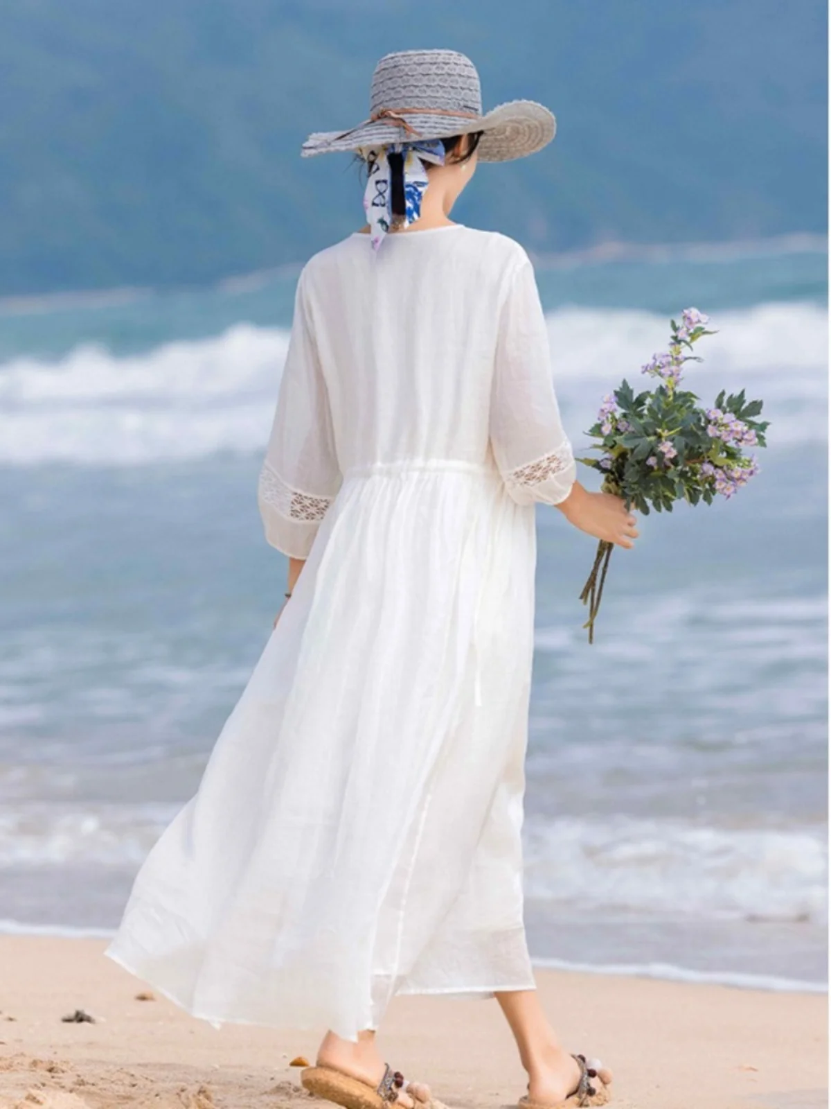 Branco algodão linho dupla camada solta verão dr feminino praia vaion floa saia longa praia dr ele sensação