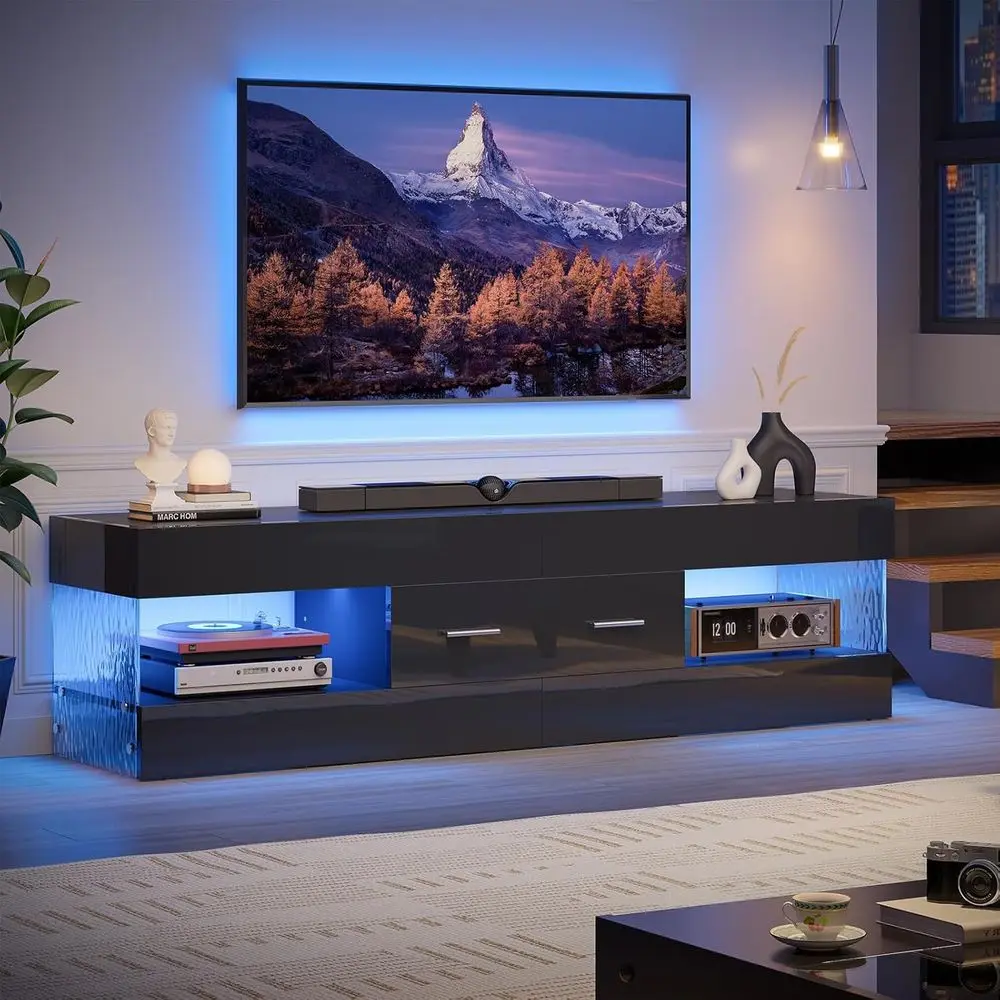 Black TV Stand or 55/60/65 Inch TV, High Gloss ern TV Stand with Stone-ed Side Panels, LED Entertainment Center with Large Der,