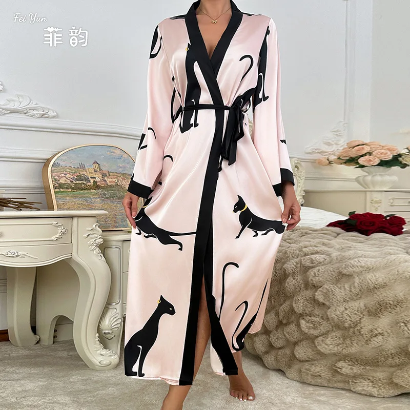 Smooth and Soft Sexy Loungewear , Long Sleeves, Laces, Europe, America,  Cross-border Women's Long Satin Bathrobes, Nightgowns