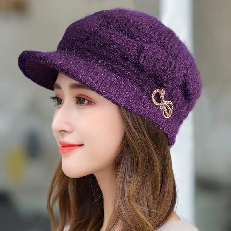 Winter Warm Hat Knitted Hat Casual Fashion Mom Cap Grandmother Hat Plush Thickened Fleece-Lined Warm Wool Christmas Gift