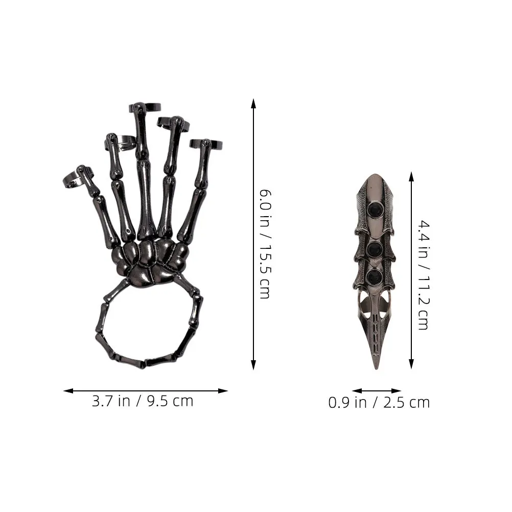 1 Juego de anillo de guante de dedo largo: pulsera de mano ajustable, anillos de unión de aleación Punk para hombres y mujeres, joyería gótica para Cosplay