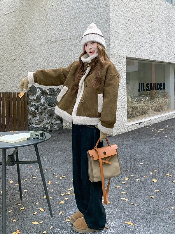 Women's Fce Lined Thiened Lamb Fur Jaet ort Sle Autumn Winter New Arrival Warm Top Faion Versatile Loose Fit Lon...