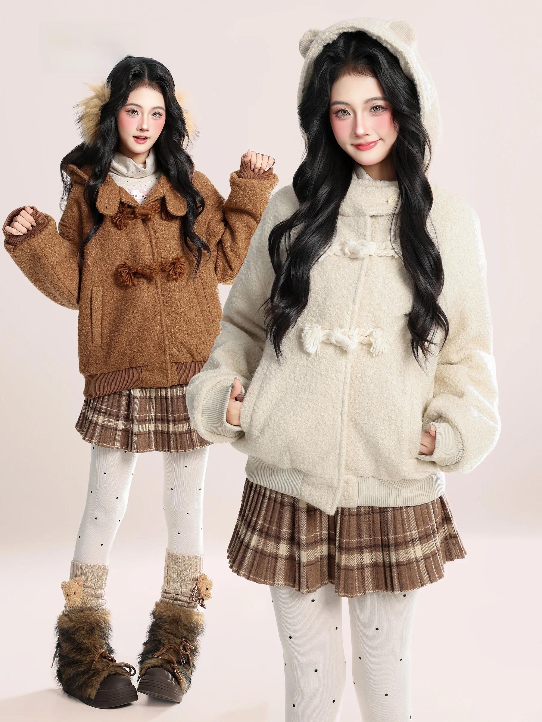 

HM American Retro Lamb Velvet Bear Ear Hooded Cotton Jaet Women's Winter Thiened Warm Versatile Cotton Coat Trendy