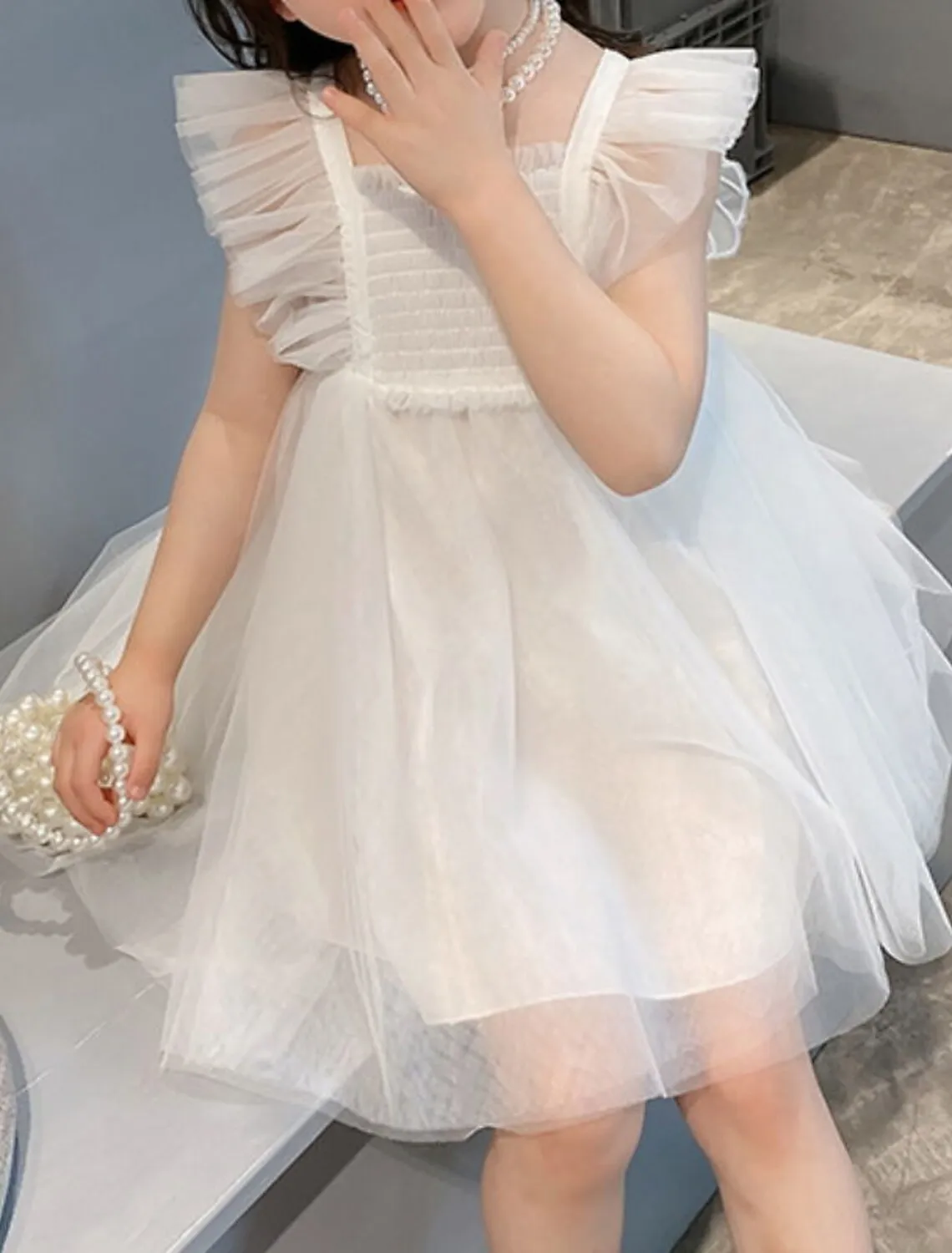 2022 Kids Little Sweet Flower Girls' Dress Solid Colored A Line Party Performance Mesh White Asymmetrical Short Sleeve Princess