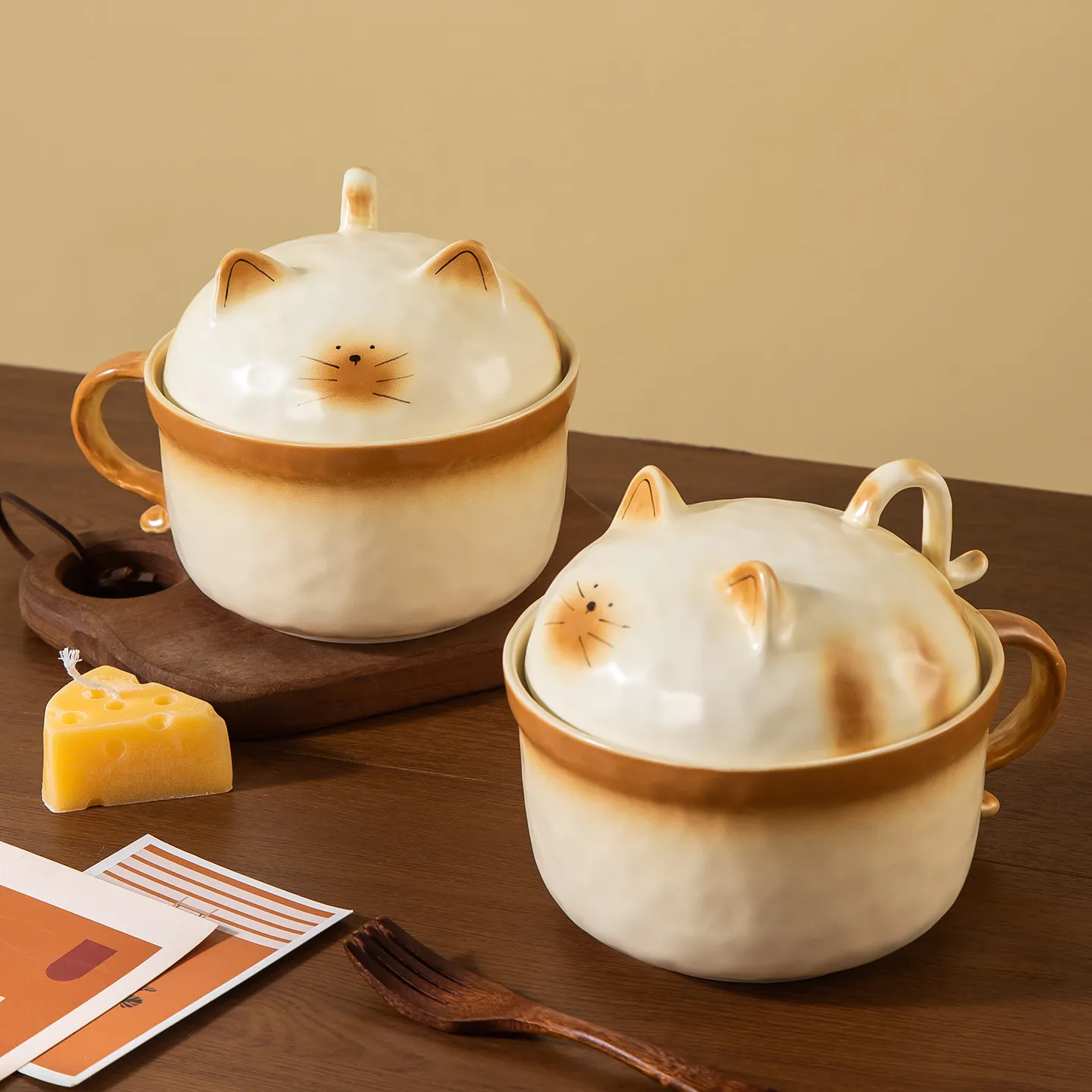 Cute Bread Cat Ceramic Bowl With Lid High Aesthetic Household Dormitory Instant Noodle Bowl Breakfast Food Container Tableware
