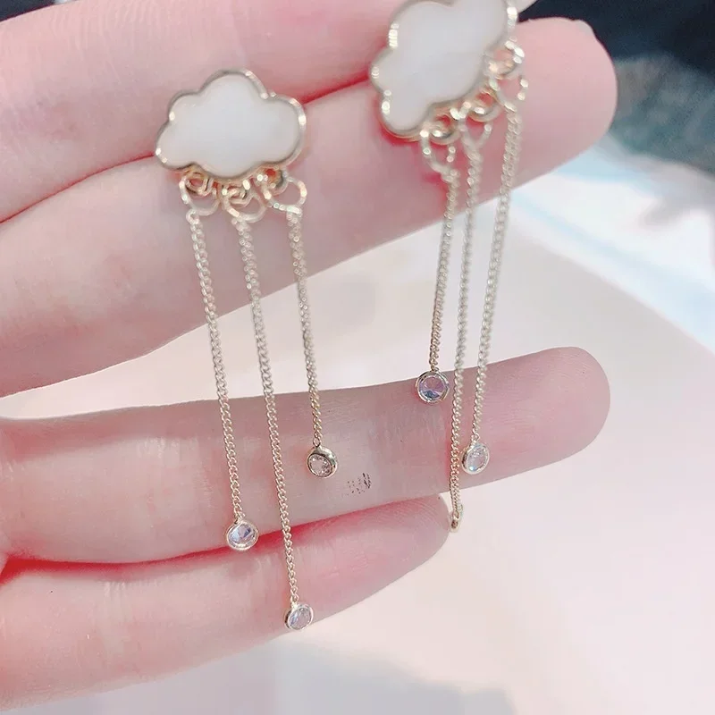 Delysia King Women Long Tassels Cloud Earrings Cute Temperament Crystal Ear Stud for Student